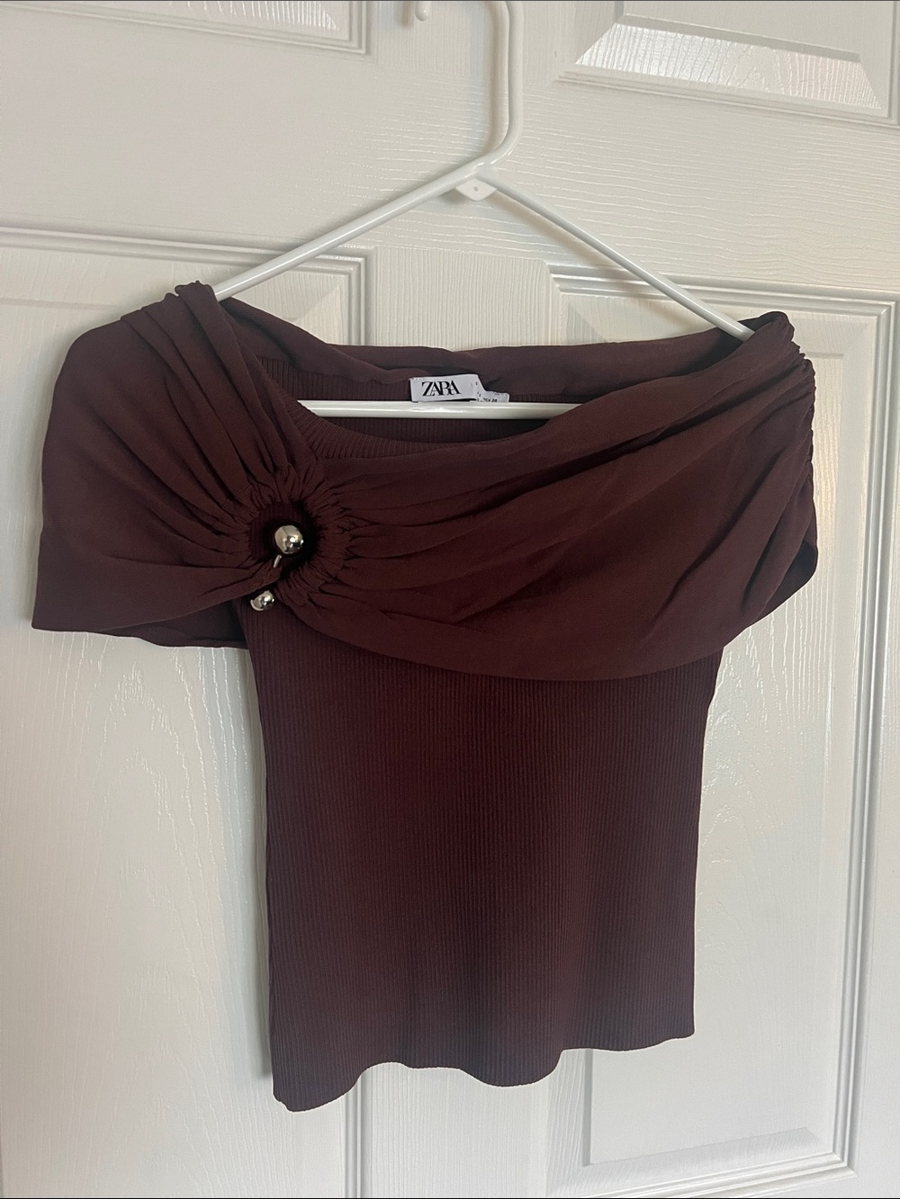 NWOT Zara Draped Off-Shoulder Top in Burgundy Brown Color